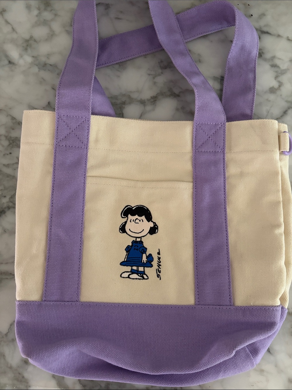 Canvas Tote with Lilac Trim and Cartoon Motif peanuts tote bag